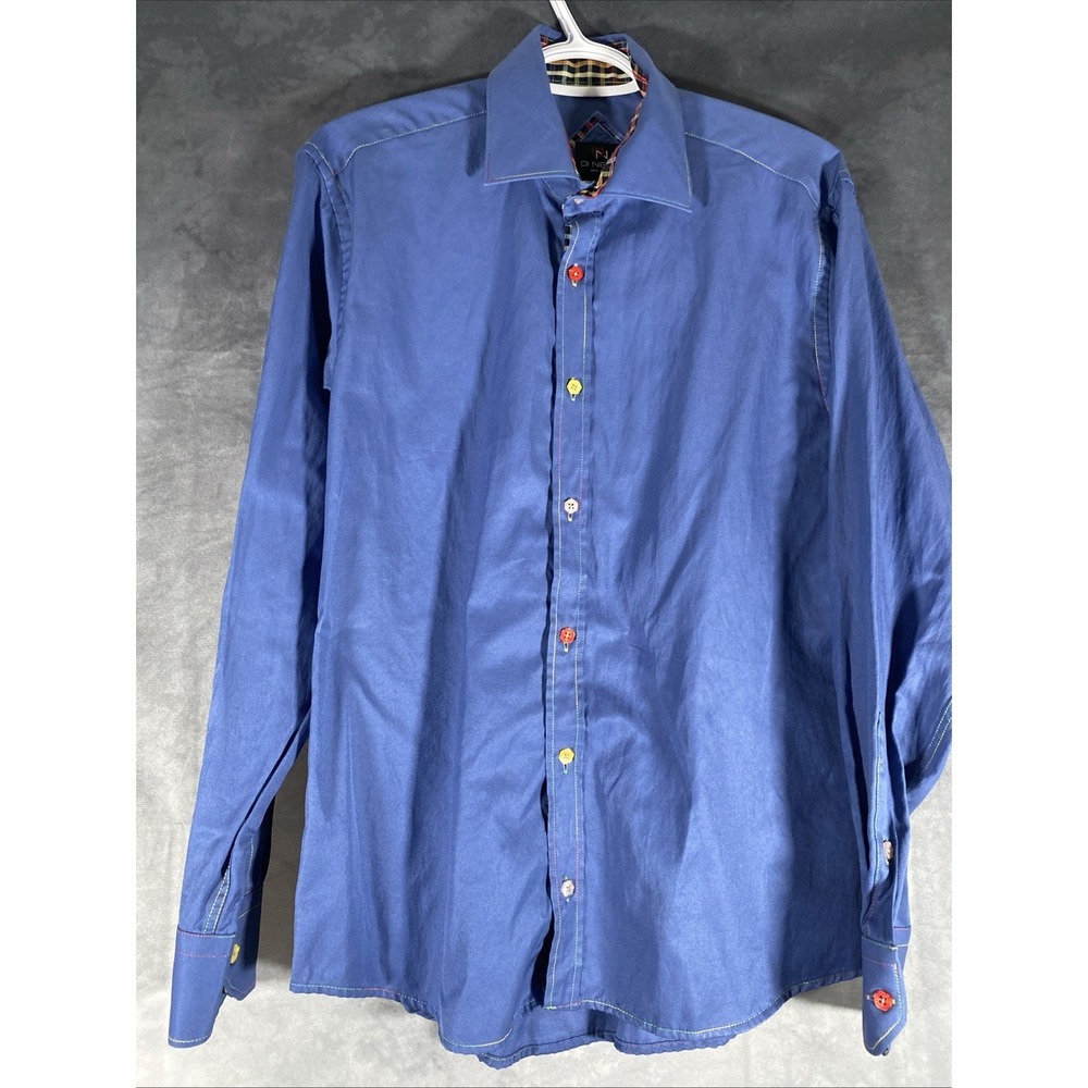 Di Nero Milano‎ Blue Shirt M Long Sleeve Multicolour Button Down Plaid Flip Cuff